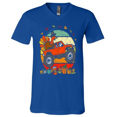 Monster Truck Turkey Sunset Retro Thanksgiving V-Neck T-Shirt