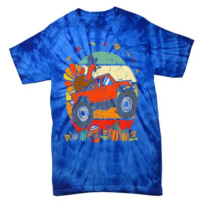 Monster Truck Turkey Sunset Retro Thanksgiving Tie-Dye T-Shirt