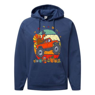 Monster Truck Turkey Sunset Retro Thanksgiving Performance Fleece Hoodie