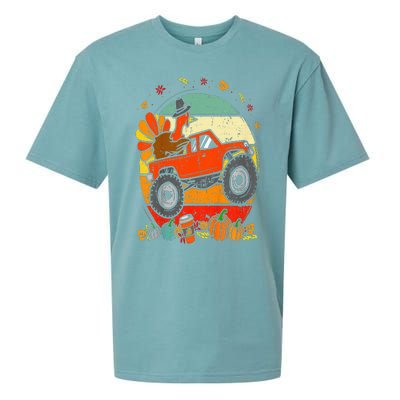 Monster Truck Turkey Sunset Retro Thanksgiving Sueded Cloud Jersey T-Shirt