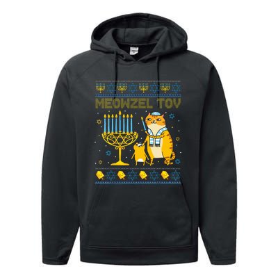 Meowzel Tov Ugly Hanukkah Sweater Cat Chanukah Jew Menorah Swea Performance Fleece Hoodie