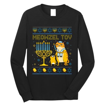 Meowzel Tov Ugly Hanukkah Sweater Cat Chanukah Jew Menorah Swea Long Sleeve Shirt