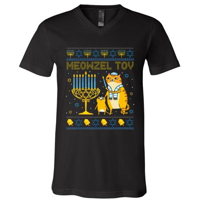 Meowzel Tov Ugly Hanukkah Sweater Cat Chanukah Jew Menorah Swea V-Neck T-Shirt