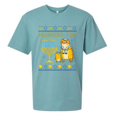 Meowzel Tov Ugly Hanukkah Sweater Cat Chanukah Jew Menorah Swea Sueded Cloud Jersey T-Shirt