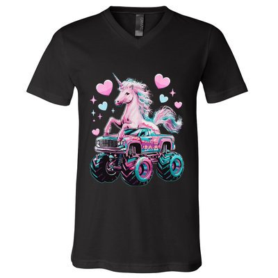 Monster Truck Unicorn Girl Birthday Party Monster Truck V-Neck T-Shirt