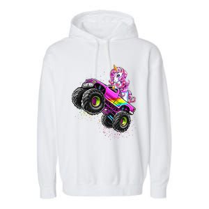 Monster Truck Unicorn Birthday Party Monster Truck Girl Gift Garment-Dyed Fleece Hoodie