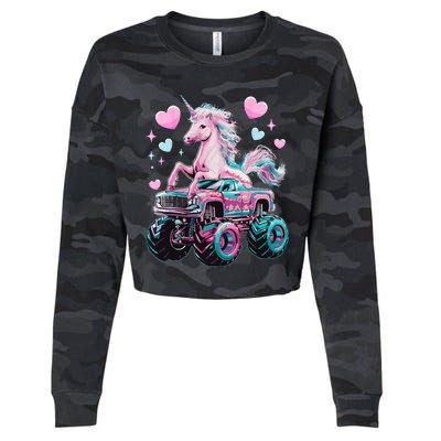 Monster Truck Unicorn Girl Birthday Party Monster Truck Cropped Pullover Crew