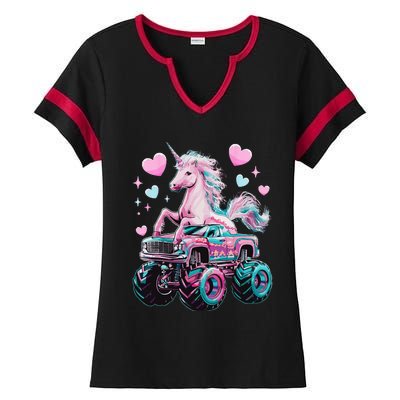 Monster Truck Unicorn Girl Birthday Party Monster Truck Ladies Halftime Notch Neck Tee