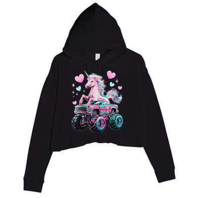 Monster Truck Unicorn Girl Birthday Party Monster Truck Crop Fleece Hoodie