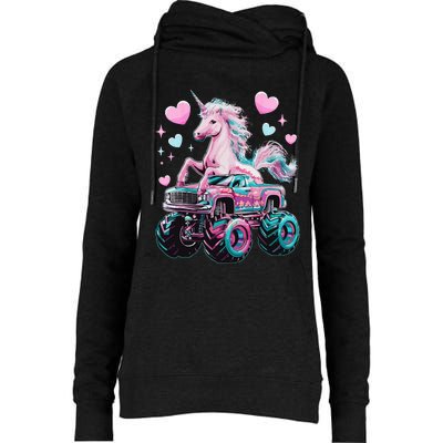 Monster Truck Unicorn Girl Birthday Party Monster Truck Womens Funnel Neck Pullover Hood