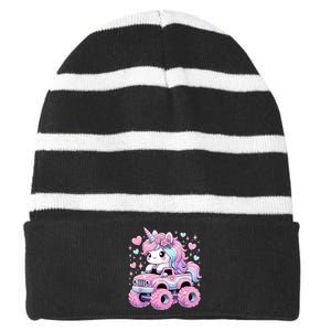 Monster Truck Unicorn Birthday Party Monster Truck Girl Striped Beanie with Solid Band