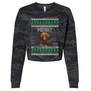 Merry Thanksmas Ugly Christmas Thanksgiving Turkey Cropped Pullover Crew