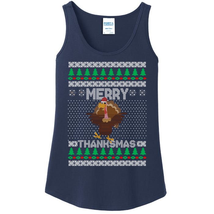 Merry Thanksmas Ugly Christmas Thanksgiving Turkey Ladies Essential Tank