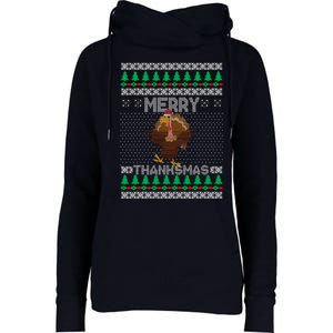 Merry Thanksmas Ugly Christmas Thanksgiving Turkey Womens Funnel Neck Pullover Hood