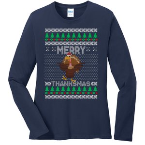 Merry Thanksmas Ugly Christmas Thanksgiving Turkey Ladies Long Sleeve Shirt