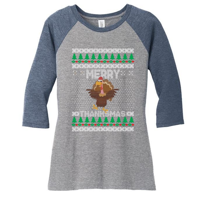 Merry Thanksmas Ugly Christmas Thanksgiving Turkey Women's Tri-Blend 3/4-Sleeve Raglan Shirt