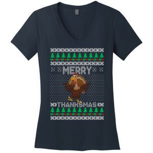 Merry Thanksmas Ugly Christmas Thanksgiving Turkey Women's V-Neck T-Shirt