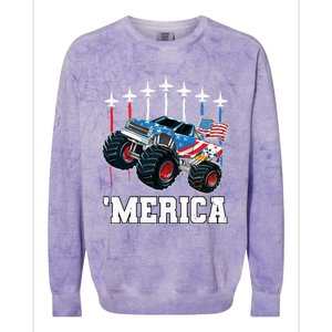 Monster Truck Usa Flag Patriotics Boy 4th Of July Colorblast Crewneck Sweatshirt