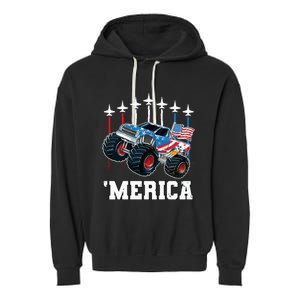 Monster Truck Usa Flag Patriotics Boy 4th Of July Garment-Dyed Fleece Hoodie