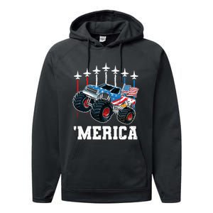 Monster Truck Usa Flag Patriotics Boy 4th Of July Performance Fleece Hoodie