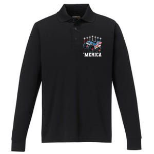 Monster Truck Usa Flag Patriotics Boy 4th Of July Performance Long Sleeve Polo