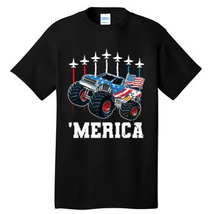 Monster Truck Usa Flag Patriotics Boy 4th Of July Tall T-Shirt