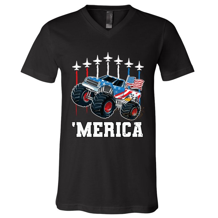 Monster Truck Usa Flag Patriotics Boy 4th Of July V-Neck T-Shirt