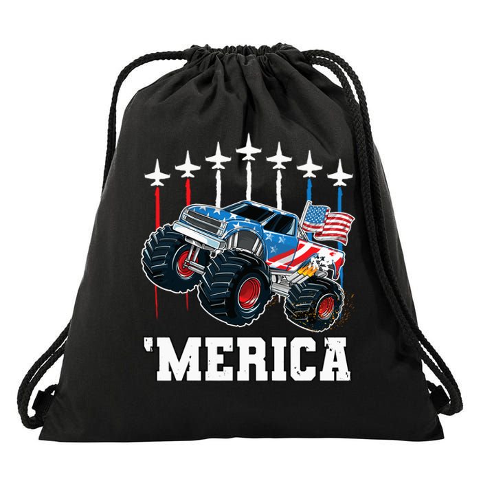 Monster Truck Usa Flag Patriotics Boy 4th Of July Drawstring Bag