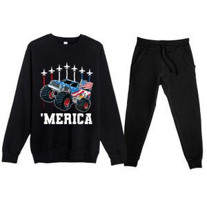 Monster Truck Usa Flag Patriotics Boy 4th Of July Premium Crewneck Sweatsuit Set