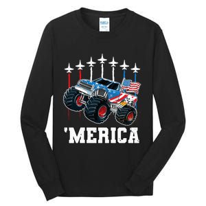 Monster Truck Usa Flag Patriotics Boy 4th Of July Tall Long Sleeve T-Shirt