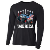 Monster Truck Usa Flag Patriotics Boy 4th Of July Cooling Performance Long Sleeve Crew