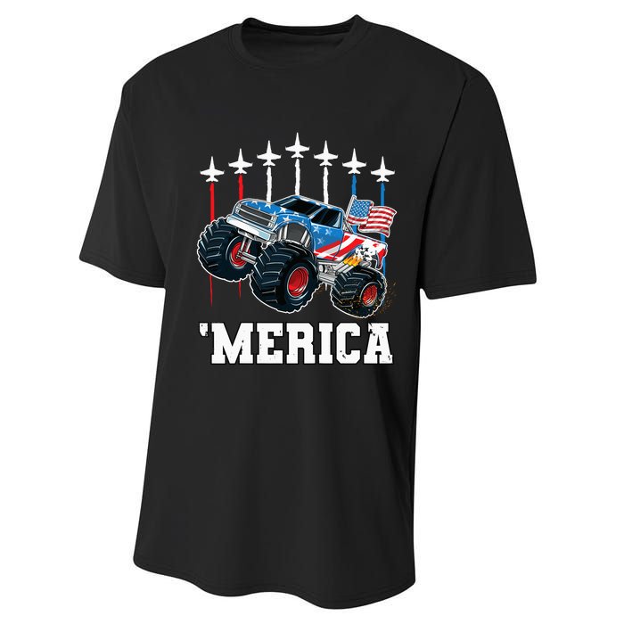 Monster Truck Usa Flag Patriotics Boy 4th Of July Performance Sprint T-Shirt