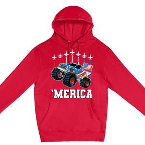 Monster Truck Usa Flag Patriotics Boy 4th Of July Premium Pullover Hoodie