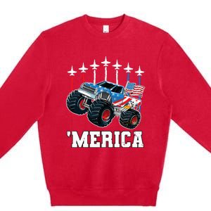 Monster Truck Usa Flag Patriotics Boy 4th Of July Premium Crewneck Sweatshirt