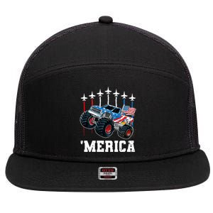 Monster Truck Usa Flag Patriotic Boy 4th Of July 7 Panel Mesh Trucker Snapback Hat