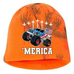 Monster Truck Usa Flag Patriotic Boy 4th Of July Kati - Camo Knit Beanie