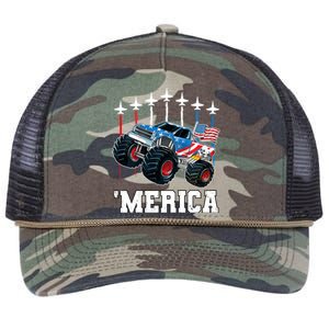 Monster Truck Usa Flag Patriotic Boy 4th Of July Retro Rope Trucker Hat Cap