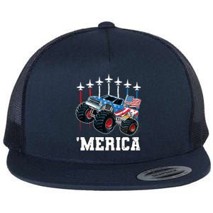 Monster Truck Usa Flag Patriotic Boy 4th Of July Flat Bill Trucker Hat