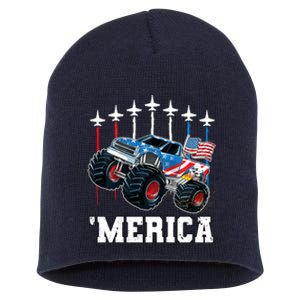 Monster Truck Usa Flag Patriotic Boy 4th Of July Short Acrylic Beanie