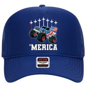 Monster Truck Usa Flag Patriotic Boy 4th Of July High Crown Mesh Back Trucker Hat