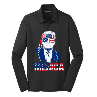 Merica Trump Usa American Flag 4th Of July Independence Day Gift Silk Touch Performance Long Sleeve Polo