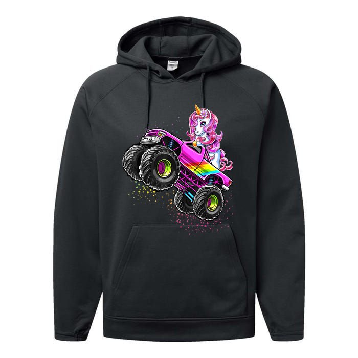 Monster Truck Unicorn Birthday Party Monster Truck Girl Gift Performance Fleece Hoodie