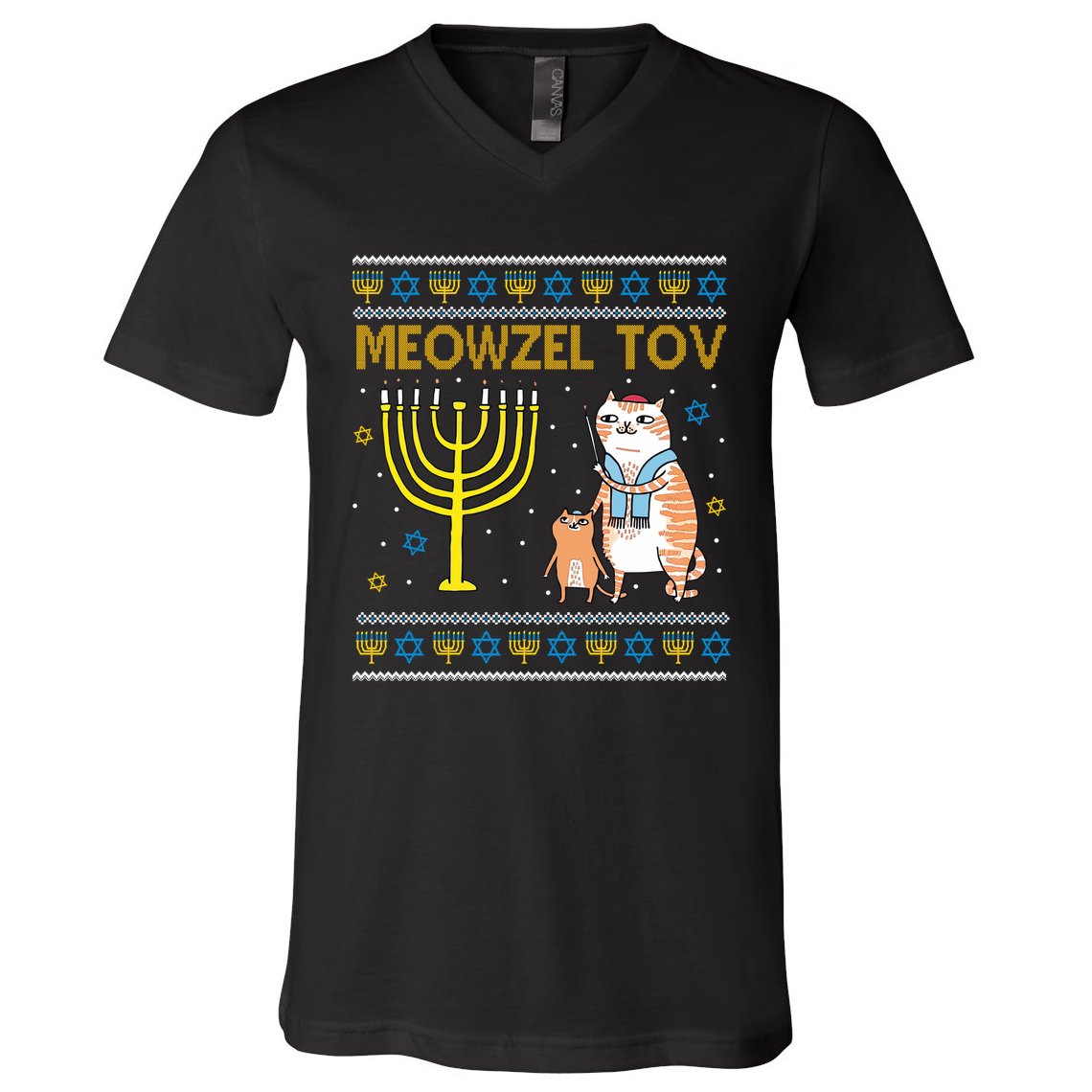 Meowzel Tov Ugly Hanukkah Cat Funny V-Neck T-Shirt