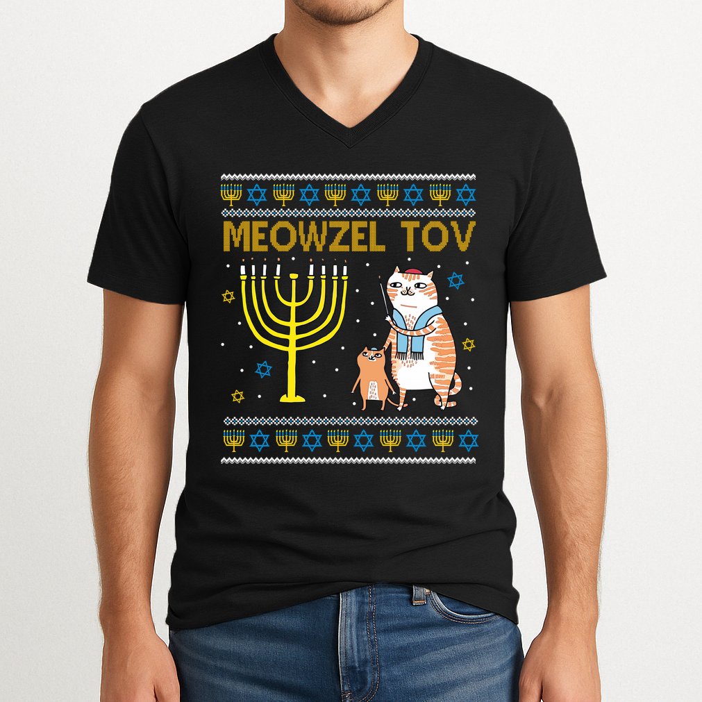 Meowzel Tov Ugly Hanukkah Cat Funny V-Neck T-Shirt