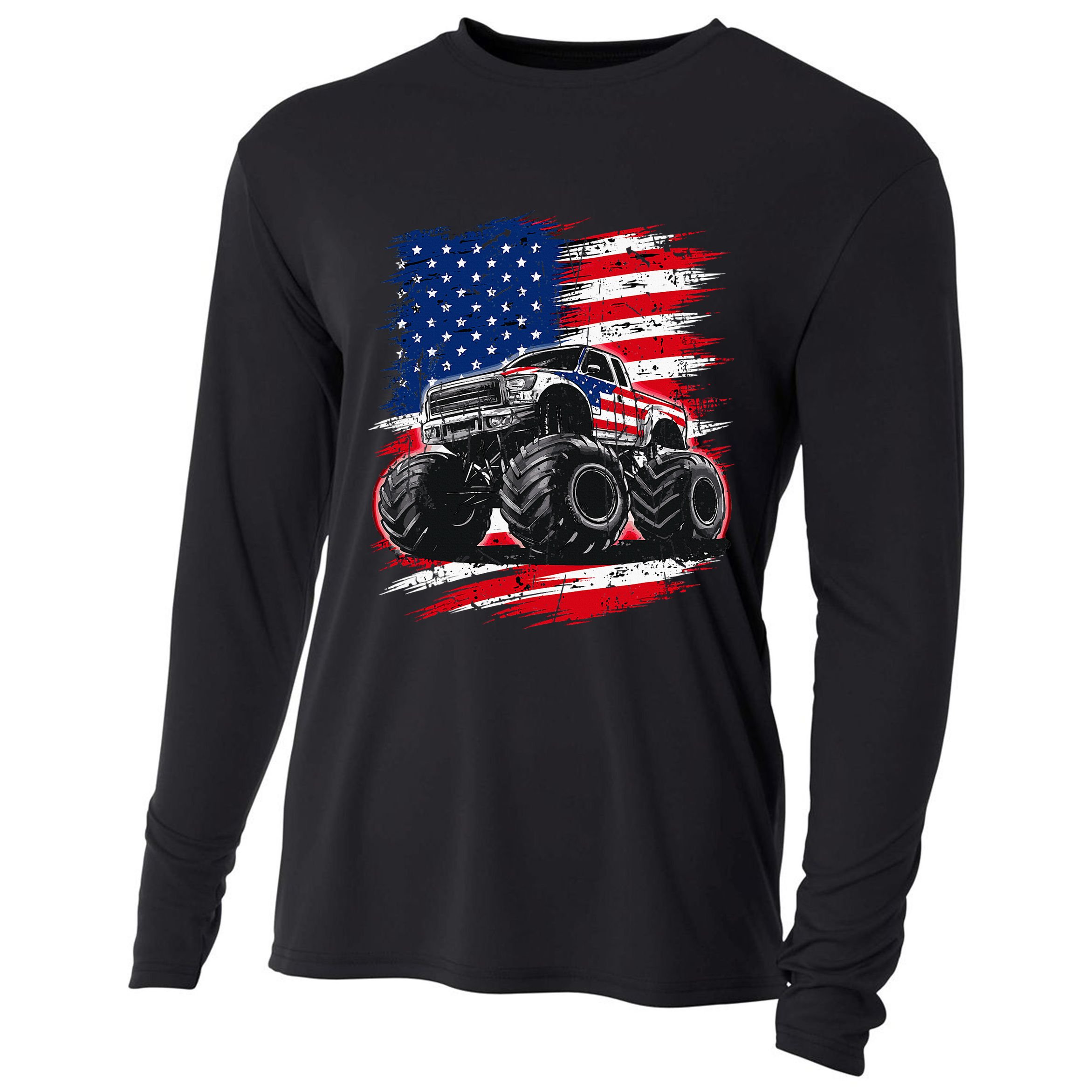 Monster Truck Usa Flag American Cooling Performance Long Sleeve Crew