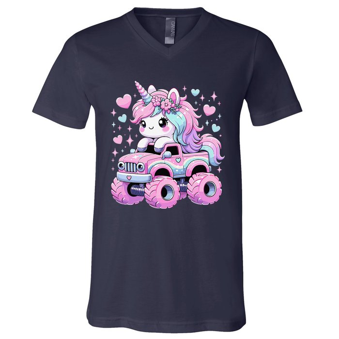 Monster Truck Unicorn Birthday Party Monster Truck Girl V-Neck T-Shirt