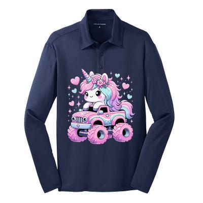 Monster Truck Unicorn Birthday Party Monster Truck Girl Silk Touch Performance Long Sleeve Polo