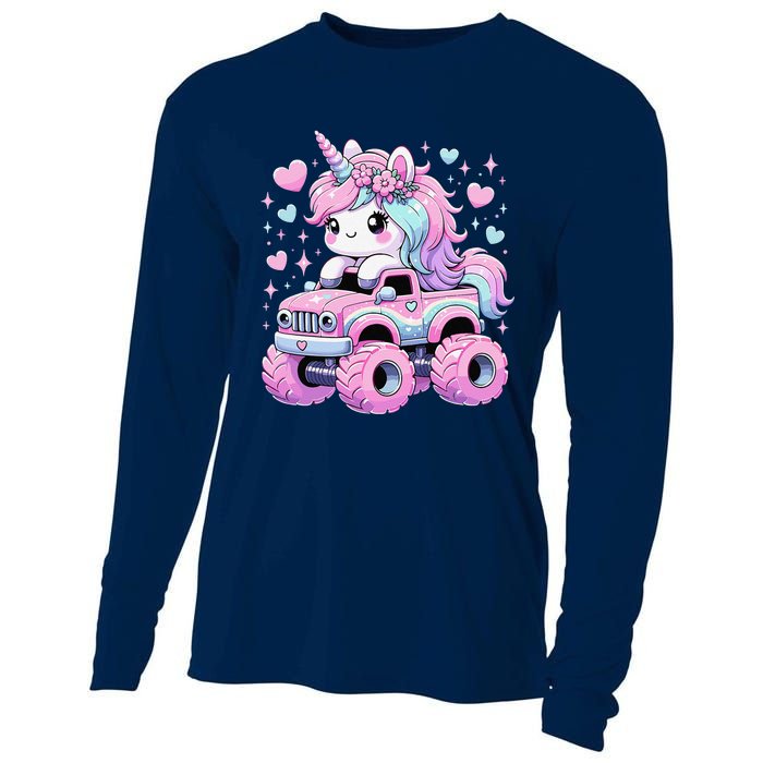 Monster Truck Unicorn Birthday Party Monster Truck Girl Cooling Performance Long Sleeve Crew