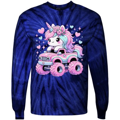 Monster Truck Unicorn Birthday Party Monster Truck Girl Tie-Dye Long Sleeve Shirt