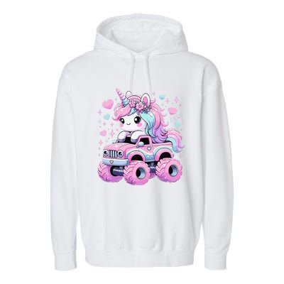 Monster Truck Unicorn Birthday Party Monster Truck Girl Garment-Dyed Fleece Hoodie